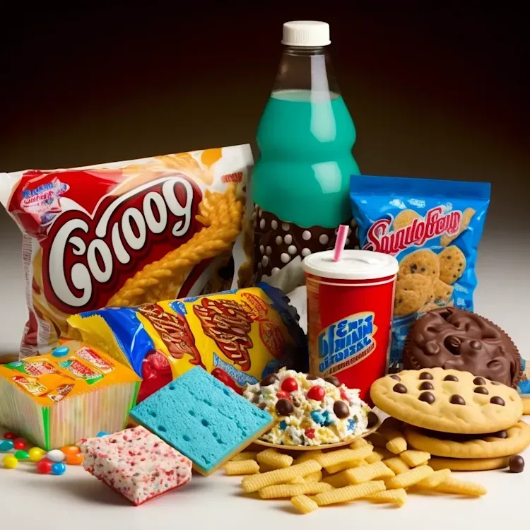 A variety of unhealthy processed and sugary foods, including candy, cookies, and soda